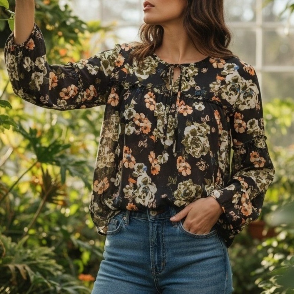 Signature Studio Floral Boho Tie Neck Blouse Black Orange Green Large L